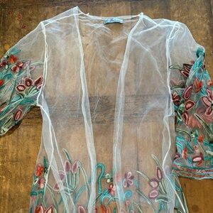 Desheng Floral Embroidery Sheer Cover-Up Open Front Cardigan Multicolor